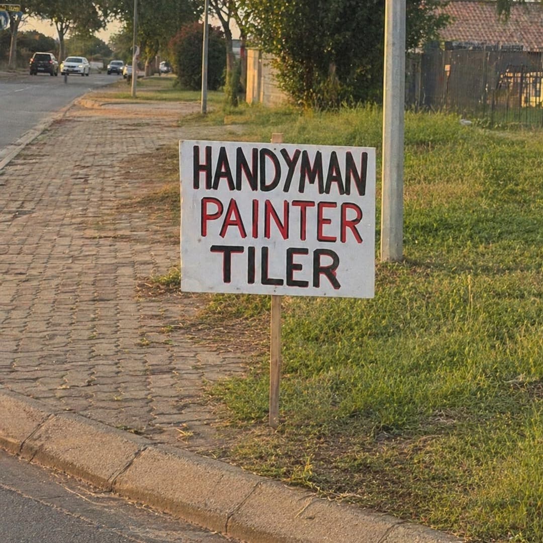 Handmade roadside sign advertising handyman, painter and tiler services near a building material shop